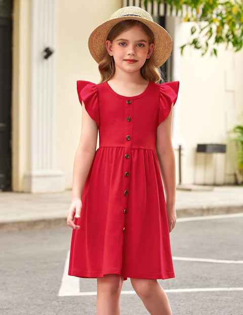 Arshiner Girls Dress Flutter Sleeve A-Line Button Down Sundress