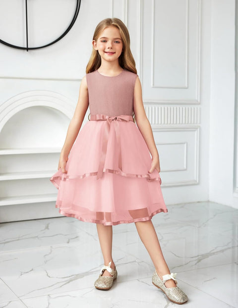 Arshiner Girls Dress Formal Party Fluffy Tulle Sleeveless Belted Dresses 3-11Y