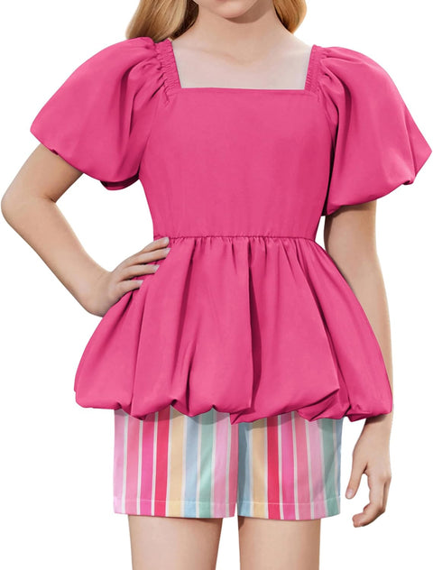 Arshiner Girls 2 Piece Sets Puffed Sleeve Bubble Hem Tops and Short Set