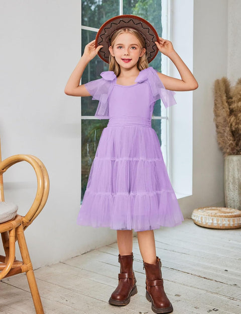 Arshiner Girls Dresses Sleeveless Bow-Tie Straps Tulle Dress