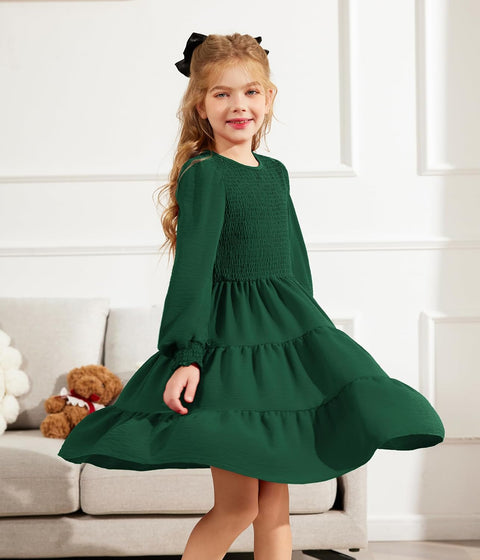 Arshiner Girls Dress Fall Boho Long Sleeve Shirred Smocked Tiered Party Dresses