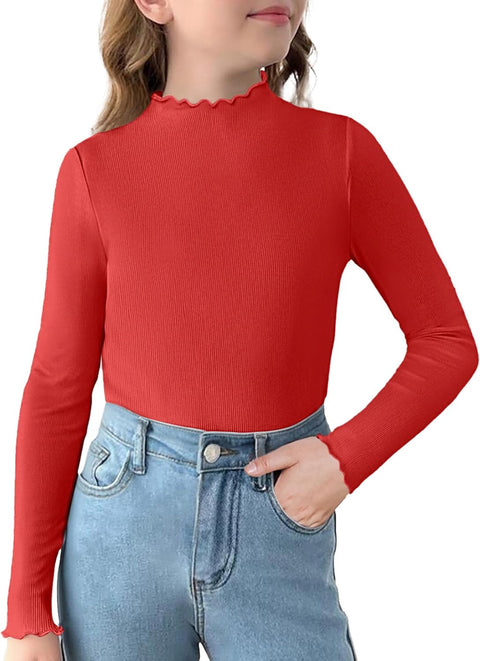 Arshiner Girls Lettuce Trim Mock Neck Ribbed Knit Tops