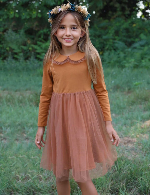 Arshiner Tutu Dress Girls Long Sleeve Peter Pan Collar Party Dresses