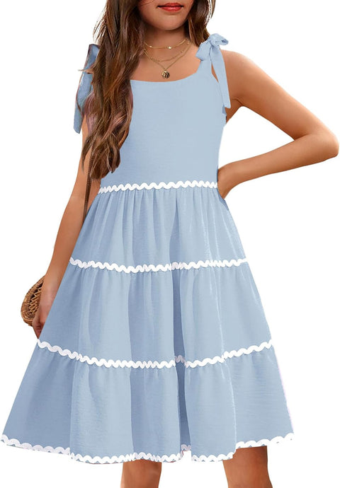 Arshiner Girl's Sundresses Boho Tie Shoulder Cami Midi Tiered Dresses