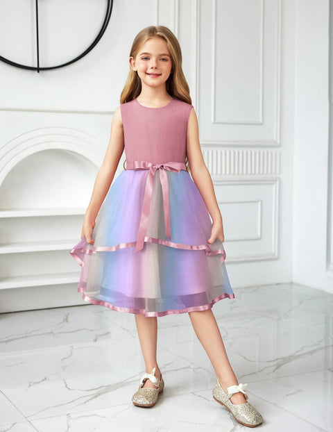 Arshiner Girls Dress Formal Party Fluffy Tulle Sleeveless Belted Dresses 3-11Y