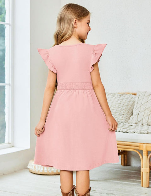 Arshiner Girls Dresses Ruffle Sleeve A-Line V-Neck Sundress
