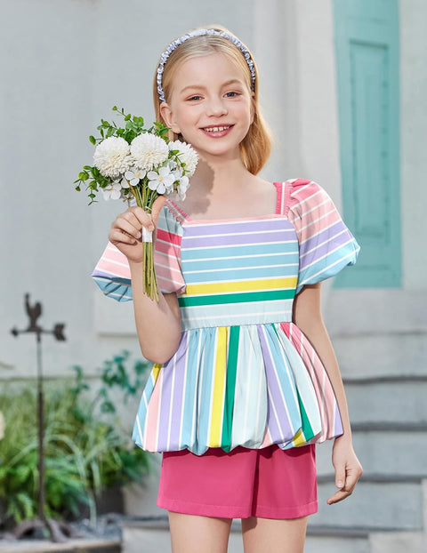 Arshiner Girls 2 Piece Sets Puffed Sleeve Bubble Hem Tops and Short Set