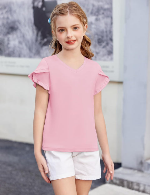 Arshiner Girls T Shirts Double Layer Ruffle Short Sleeve V Neck Tops Tee