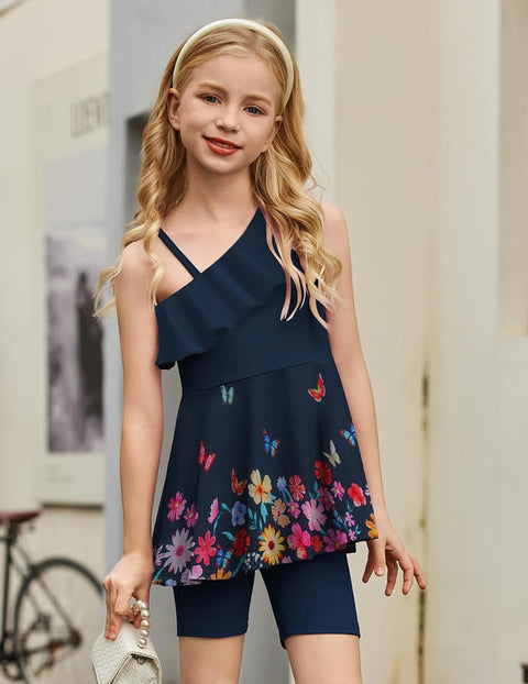 Arshiner Girls 2 Piece Outfits One Shoulder Ruffle Trim Top and Short Sets 6-14 Years