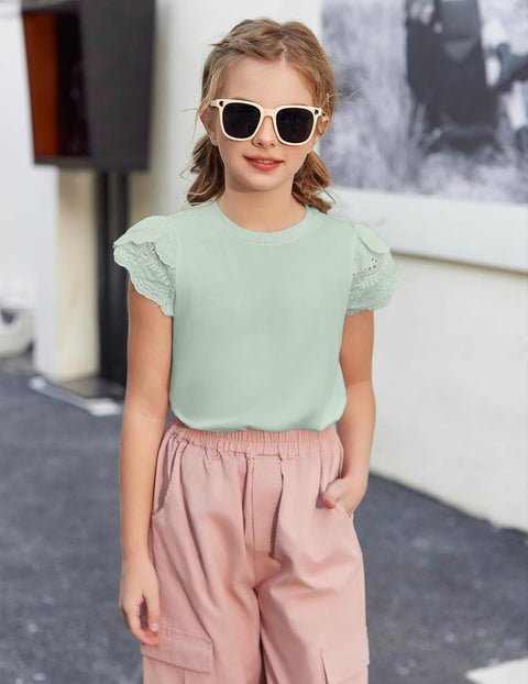 Arshiner Girls T Shirts Lace Petal Short Sleeves Kids Tops Tees