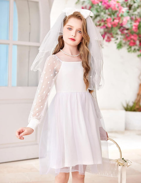 Arshiner Girl Tulle Dress Puff Long Sleeve Teen Girls Party Casual Dresses