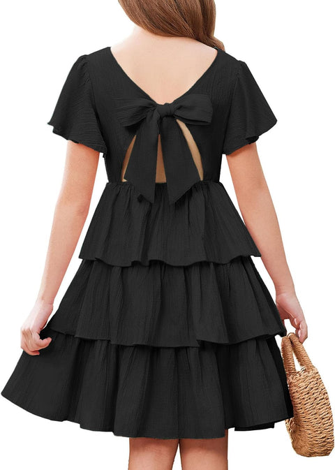 Arshiner Girls Dresses Elegant Ruffle Short Sleeve Back Tie Tiered Dresses