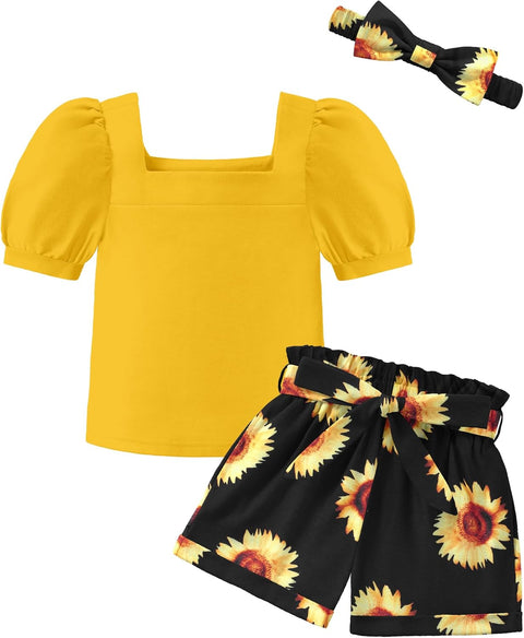 【 2-8Y】Arshiner Toddler Girl Puff Sleeve Tops + Shorts + Headband 3pcs Sets