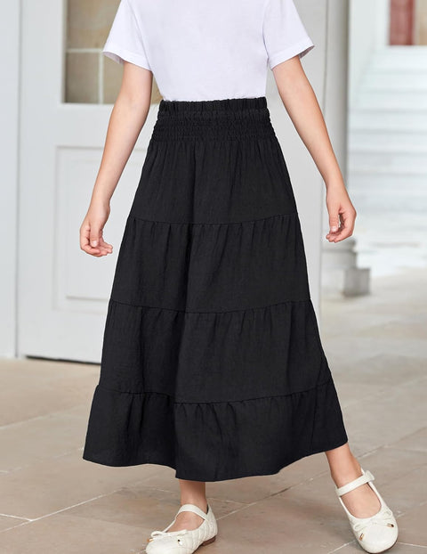 Arshiner Girls Maxi Skirt Summer Linen High Waist Tiered Boho Skirts with Pockets