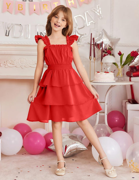 [6-14Y] Arshiner Girls Dresses Ruffle Flutter Sleeve Floral Tiered Party Dress