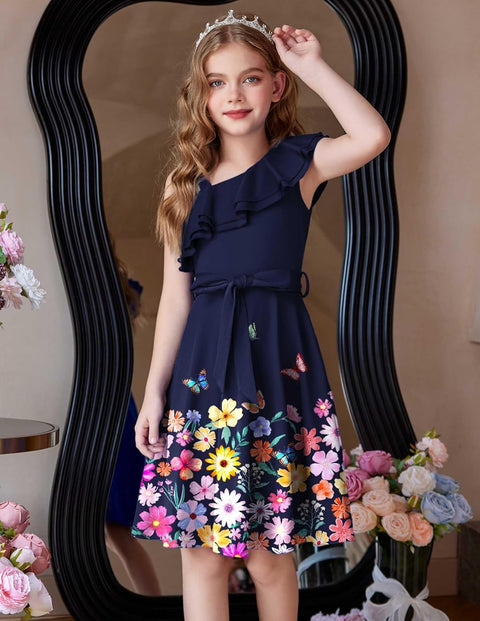 [5Y-12Y] Arshiner Girls Dress One Shoulder Formal Ruffle Trim Party Dresses
