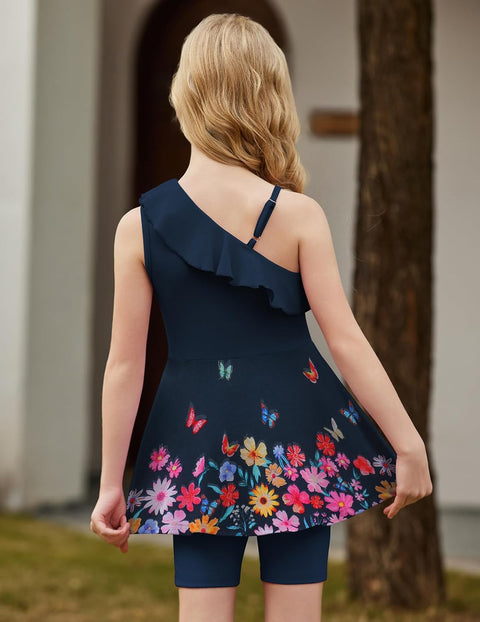 Arshiner Girls 2 Piece Outfits One Shoulder Ruffle Trim Top and Short Sets 6-14 Years
