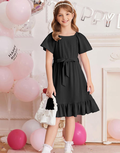 Arshiner Girls Dresses Kids Square Neck Ruffle Hem Belted Dress