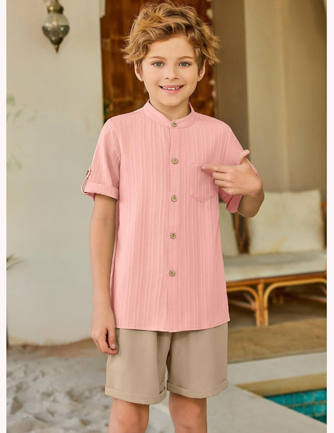 Arshiner Boy's 2 Piece Outfit Short Sleeve Textured Shirt and Short Sets