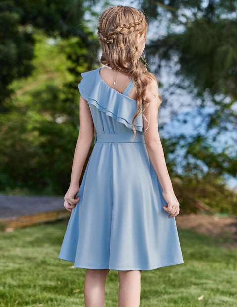 [5Y-12Y] Arshiner Girls Dress One Shoulder Formal Ruffle Trim Party Dresses