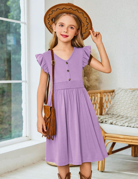 Arshiner Girls Dresses Ruffle Sleeve A-Line V-Neck Sundress