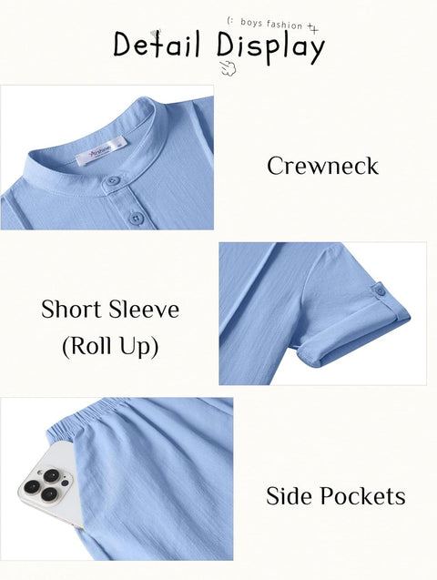 Arshiner Boy's 2 Pieces Linen Sets Henley Shirt and Shorts 5-12 Years