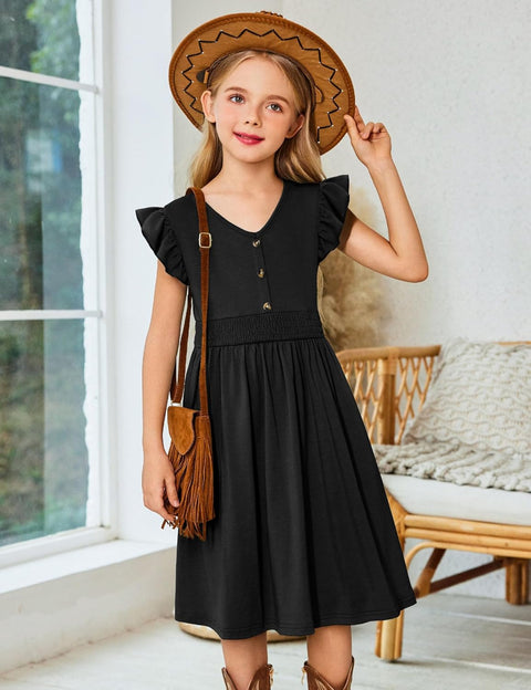 Arshiner Girls Dresses Ruffle Sleeve A-Line V-Neck Sundress