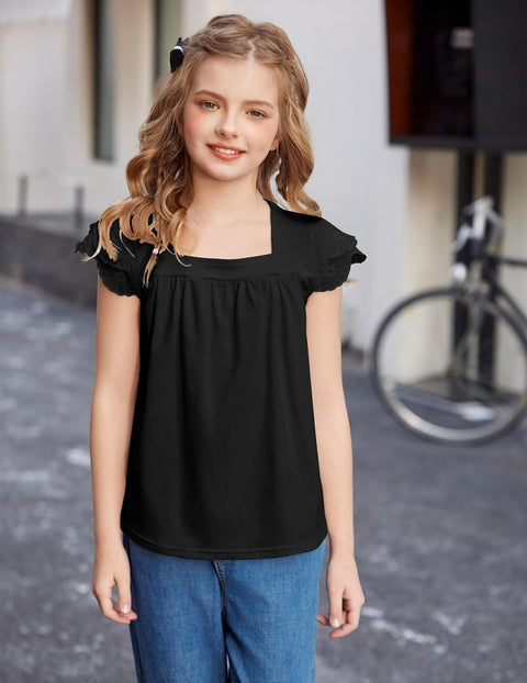 Arshiner Girls Shirts Short Sleeve Square Neck Lace Pleated Tops Blouse Tunic