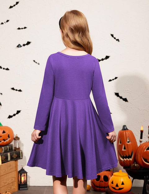 Arshiner Girls Long Sleeve Stretchy Dress A line Twirly Skater School Party Dress