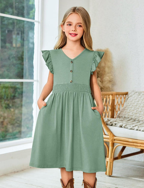 Arshiner Girls Dresses Ruffle Sleeve A-Line V-Neck Sundress