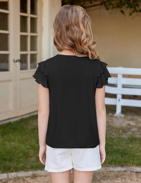 Arshiner Girls T Shirts Ruffle Short Sleeve Pleated Casual Tops