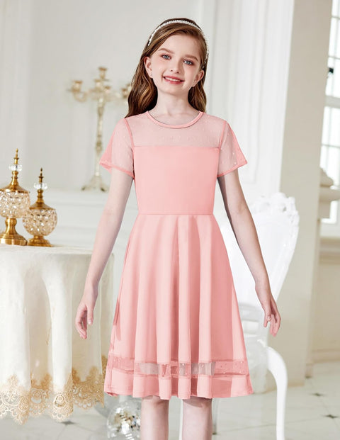 Arshiner Tween Girls Dress Formal Contrast Mesh Short Sleeve A Line Party Dresses