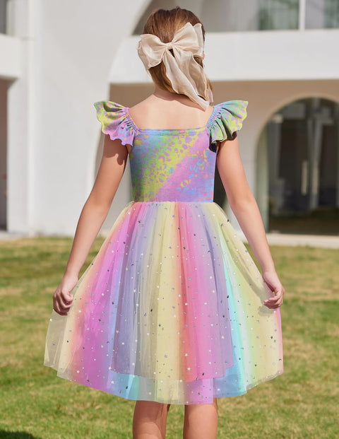 Arshiner Girls Dresses Square Neck Ruffle Sleeve Tulle Dress 6-14 Years