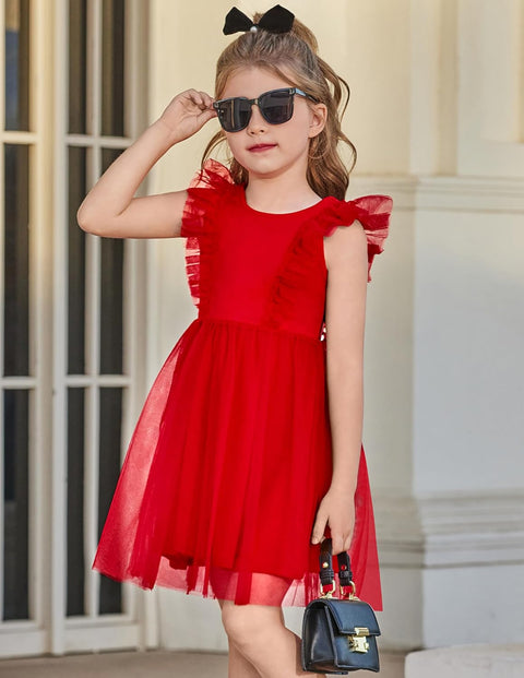 【2-8Y】Arshiner Toddler Dress Ruffle Sleeve V-Back Tie Waist Girl Dresses