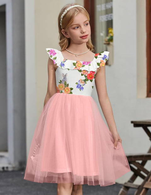 Arshiner Girls Dresses Square Neck Ruffle Sleeve Tulle Dress 6-14 Years