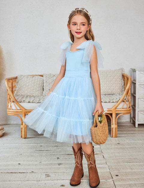 Arshiner Girls Dresses Sleeveless Bow-Tie Straps Tulle Dress