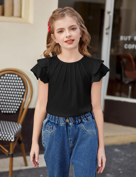 Arshiner Girls T Shirts Ruffle Short Sleeve Pleated Casual Tops