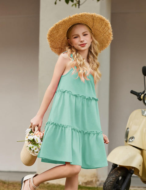 Arshiner Girl Dresses Boho A-Line Swing Flowy Ruffle Tiered Sundress with Pockets
