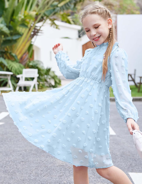 Arshiner Girls Dress Long Sleeve Swiss Dot Ruffle Collar Flowy A-Line Party Dress for Kids 5-13Y