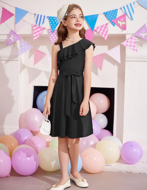 [5Y-12Y] Arshiner Girls Dress One Shoulder Formal Ruffle Trim Party Dresses