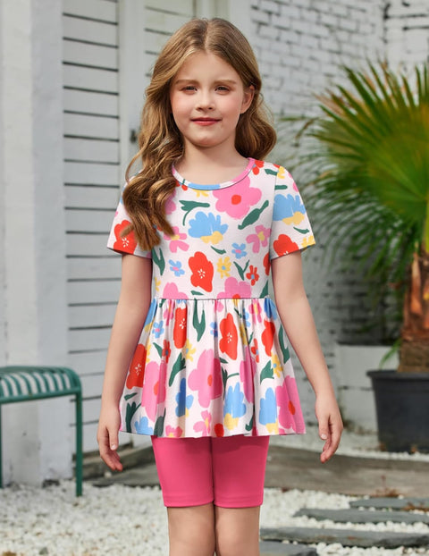 Arshiner Girls Summer Outfits Short Sleeve Ruffle Hem Top and Biker Shorts Set Girl Clothes 6-14 Years