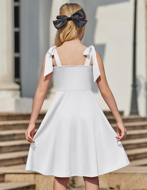 [6Y-11Y] Arshiner Girls Dress Tie Strap Solid Color Party Dresses