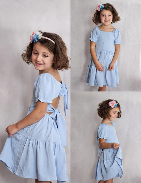 Arshiner Girls Dress Tie Back Short Sleeve Square Neck Tiered Midi Dresses