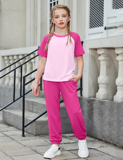 Arshiner Girls 2 Piece Outfits Short Sleeve Tops and Jogger Set