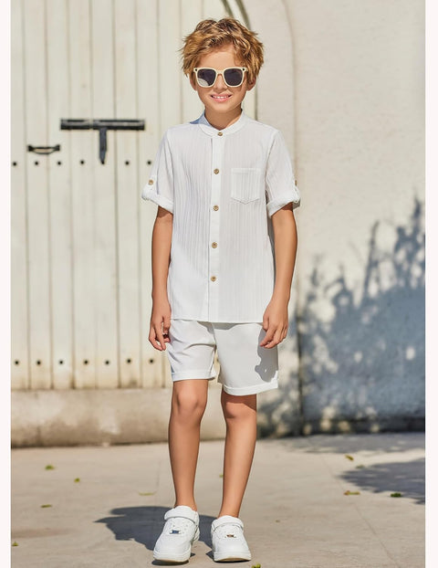 Arshiner Boy's 2 Piece Outfit Short Sleeve Textured Shirt and Short Sets