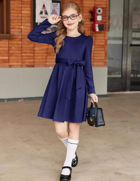 Arshiner Girls Dresses Puff Long Sleeve Formal Belted Dress
