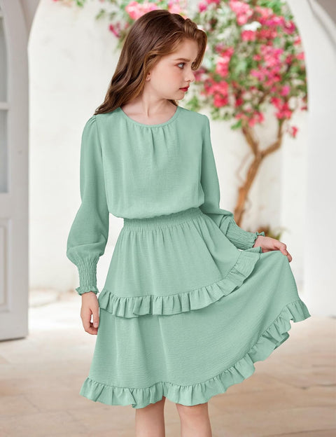 Arshiner Girls Long Sleeve Dress Boho Tiered Ruffle Hem Smocked Waist Midi Dress