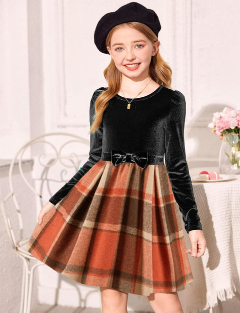 Arshiner Girls Dresses Velvet Plaid Patchwork Party Dress
