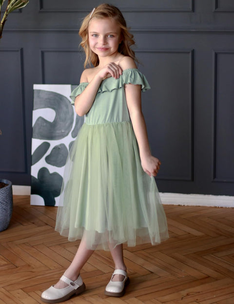 Arshiner Girls Dresses Square Neck Ruffle Sleeve Tulle Dress 6-14 Years