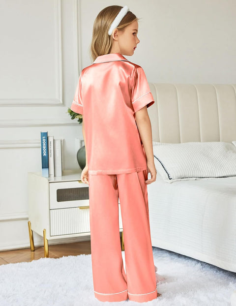 Arshiner Girls Pajamas Silk Satin Button Down Pjs 2 Piece Short Sleeve Sleepwear Set